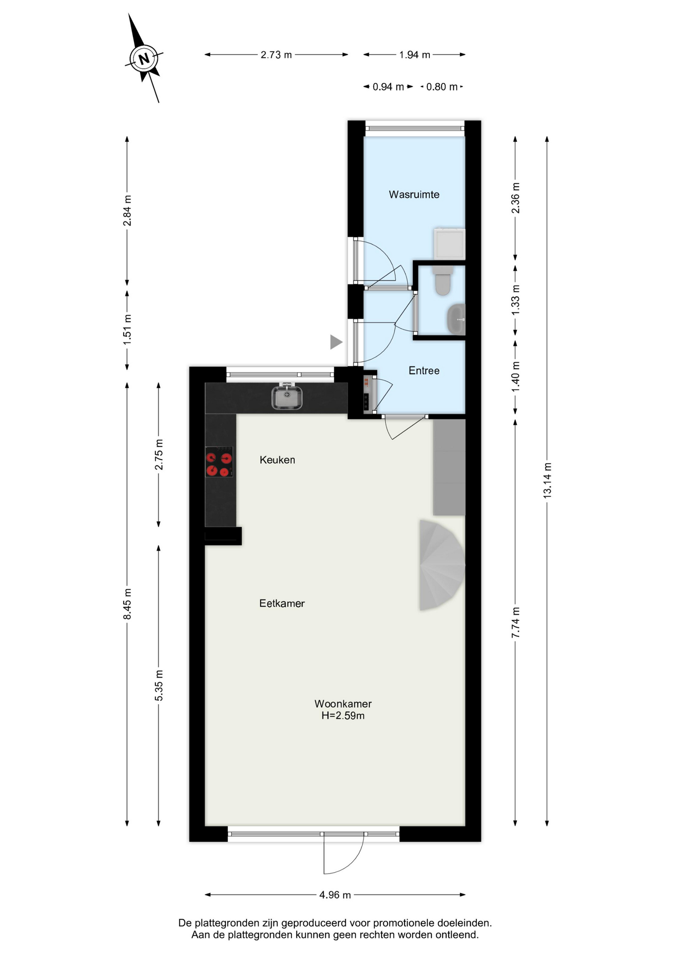 Plattegrond Tussenwoning Driehoek 65 , Dordrecht