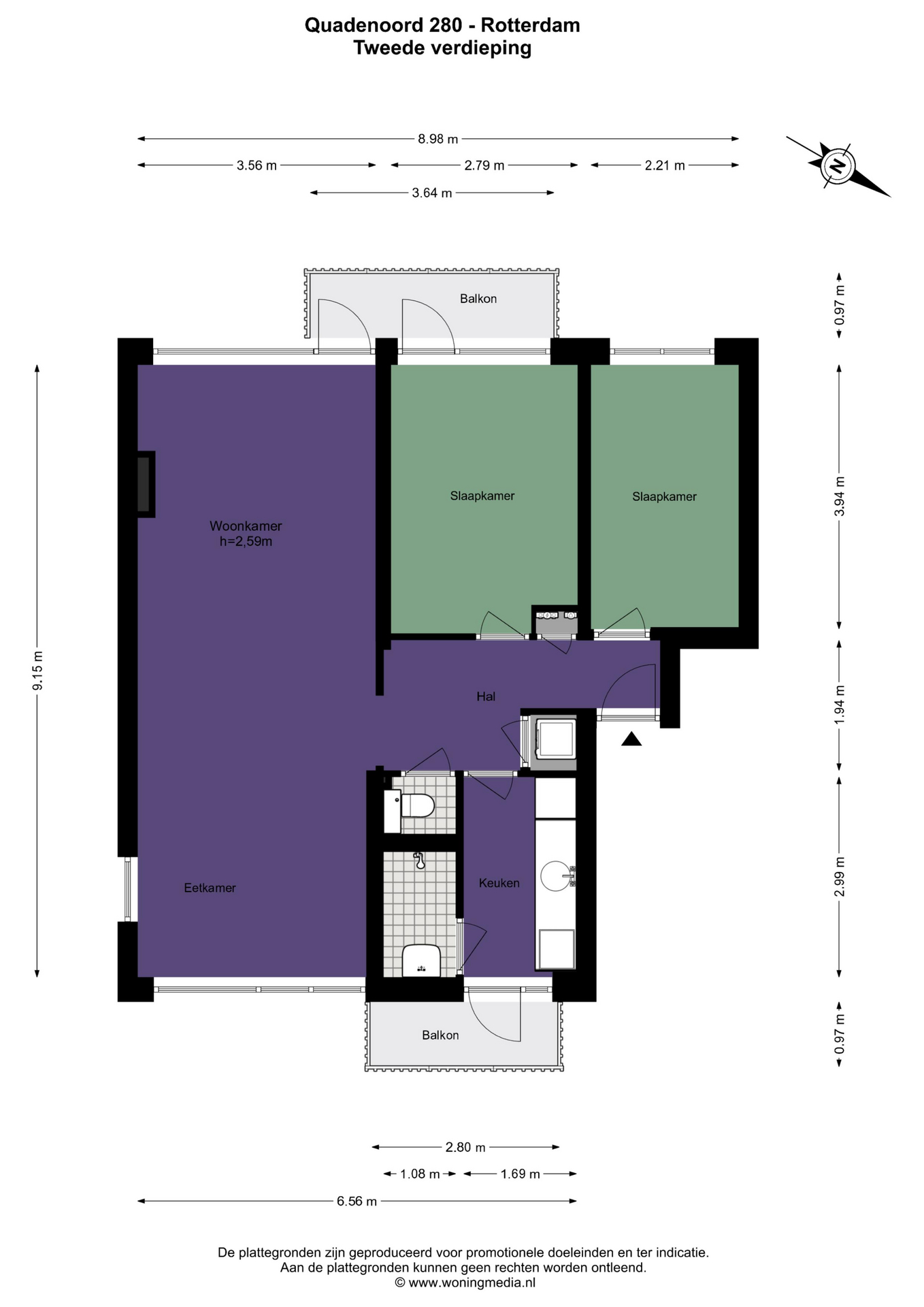 Plattegrond Portiekflat Quadenoord 280 , Rotterdam