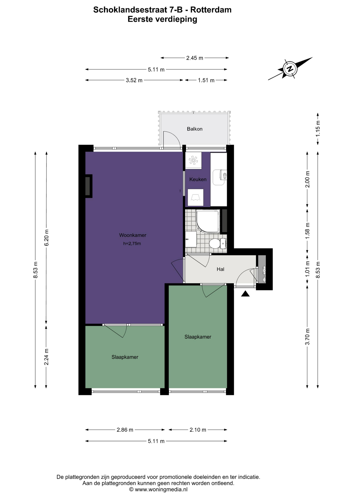 Plattegrond Portiekflat Schoklandsestraat 7 C, Rotterdam